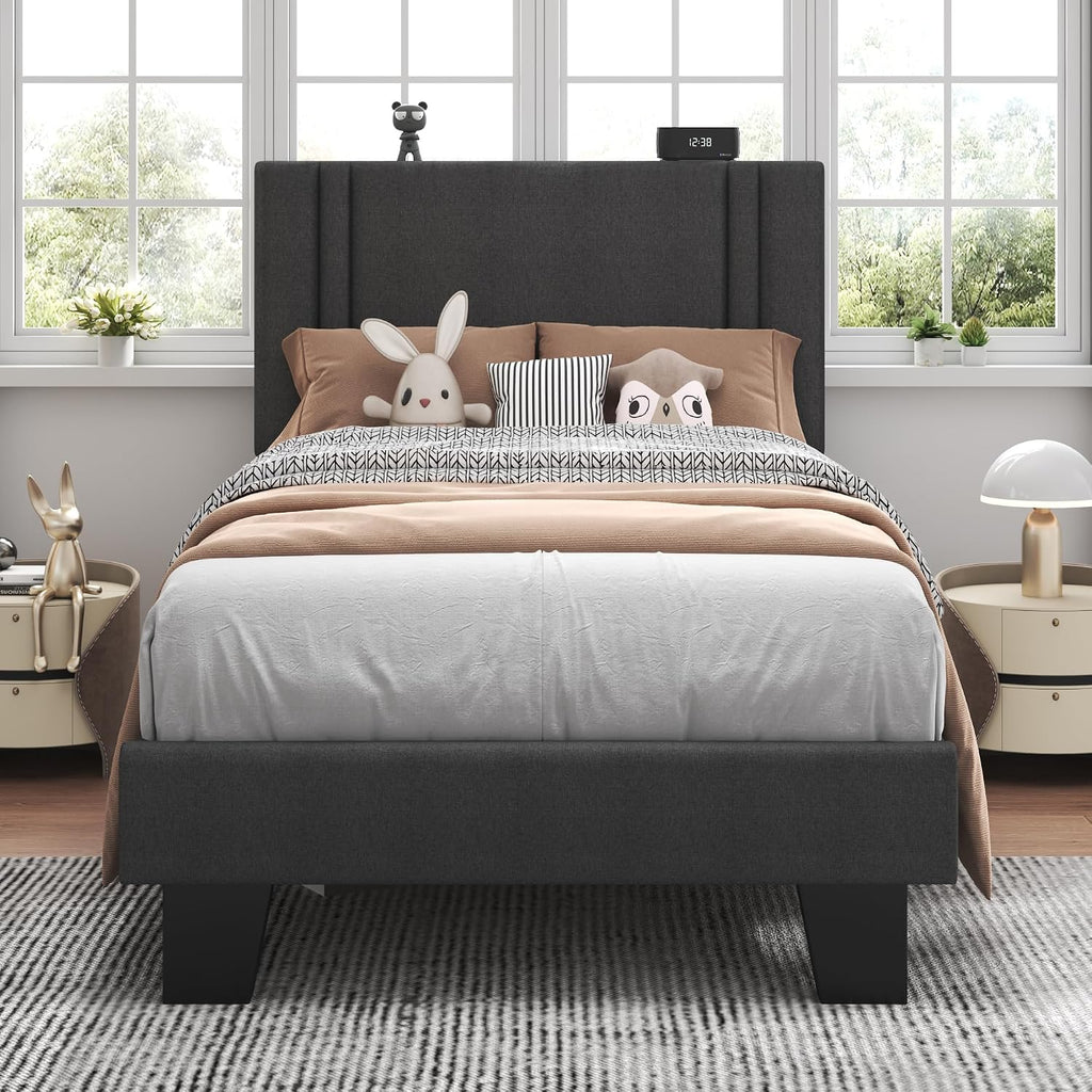 Feonase Twin Platform Bed Frame, Fabric Upholstered Twin Bed Frame, Solid Wood Slats & Heavy Duty Feet Support, No Box Spring Needed, Noise-Free, Easy Assembly, Dark Grey