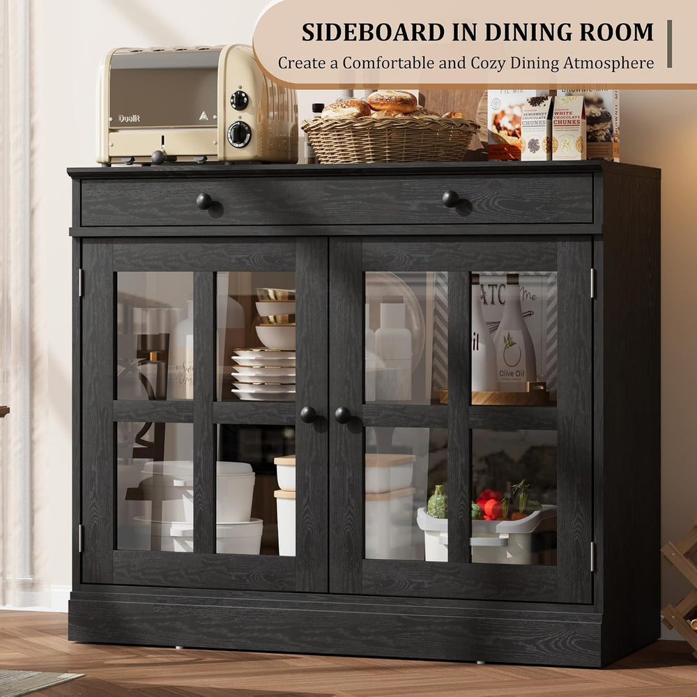 GarveeHome Modern 35.4" Sideboard Buffet Cabinet with Glass Door, Black