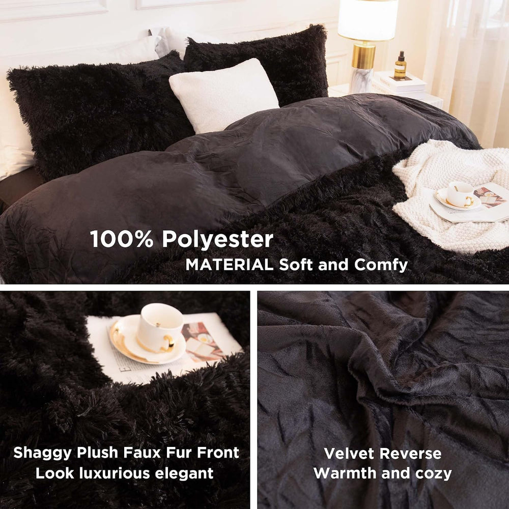 Andency King Size Comforter Set Black, Fluffy Faux Fur Warm Bedding Set