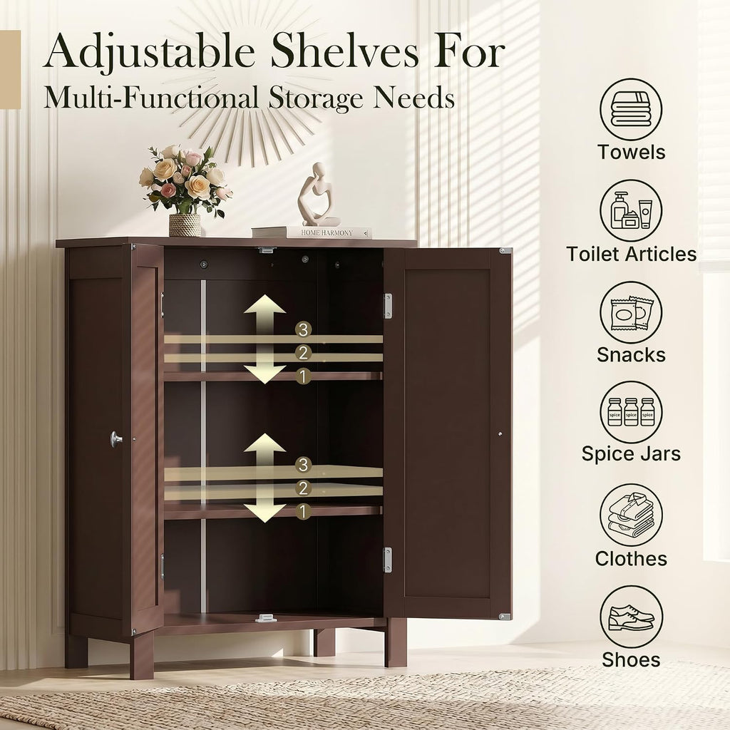 SUPER DEAL Modern Bathroom Floor Storage Cabinet with Adjustable Shelf and Double Door Rust Proof, Living Room Modern Home Furniture Storage Organizer Cabinet, Brown