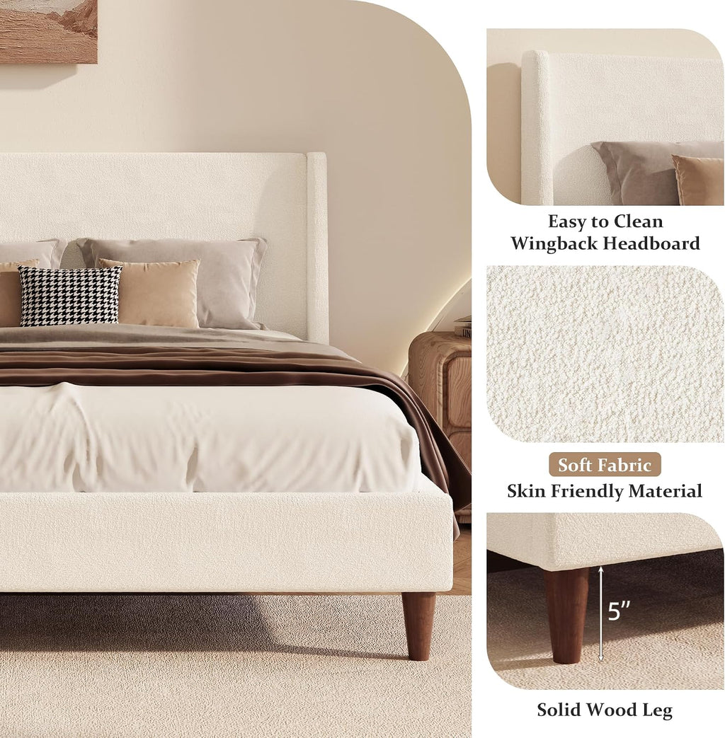 Modern Boucle Upholstered Platform Bed, with Wingback Headboard and Walnut Wooden Legs, No Box Spring Needed, Queen Size, White