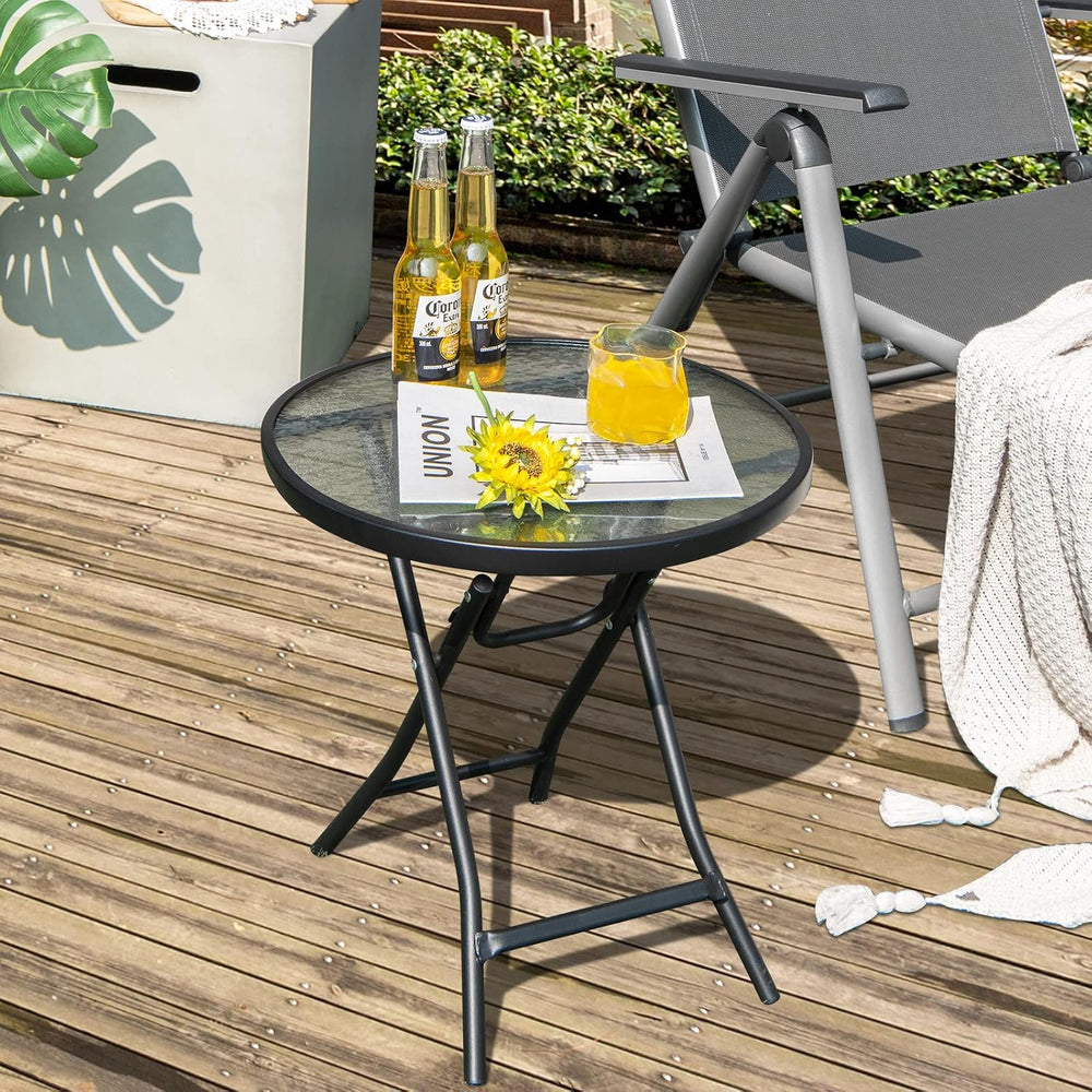 HAPPYGRILL Outdoor Side Table, Folding Small Patio Table with Tempered Glass ...