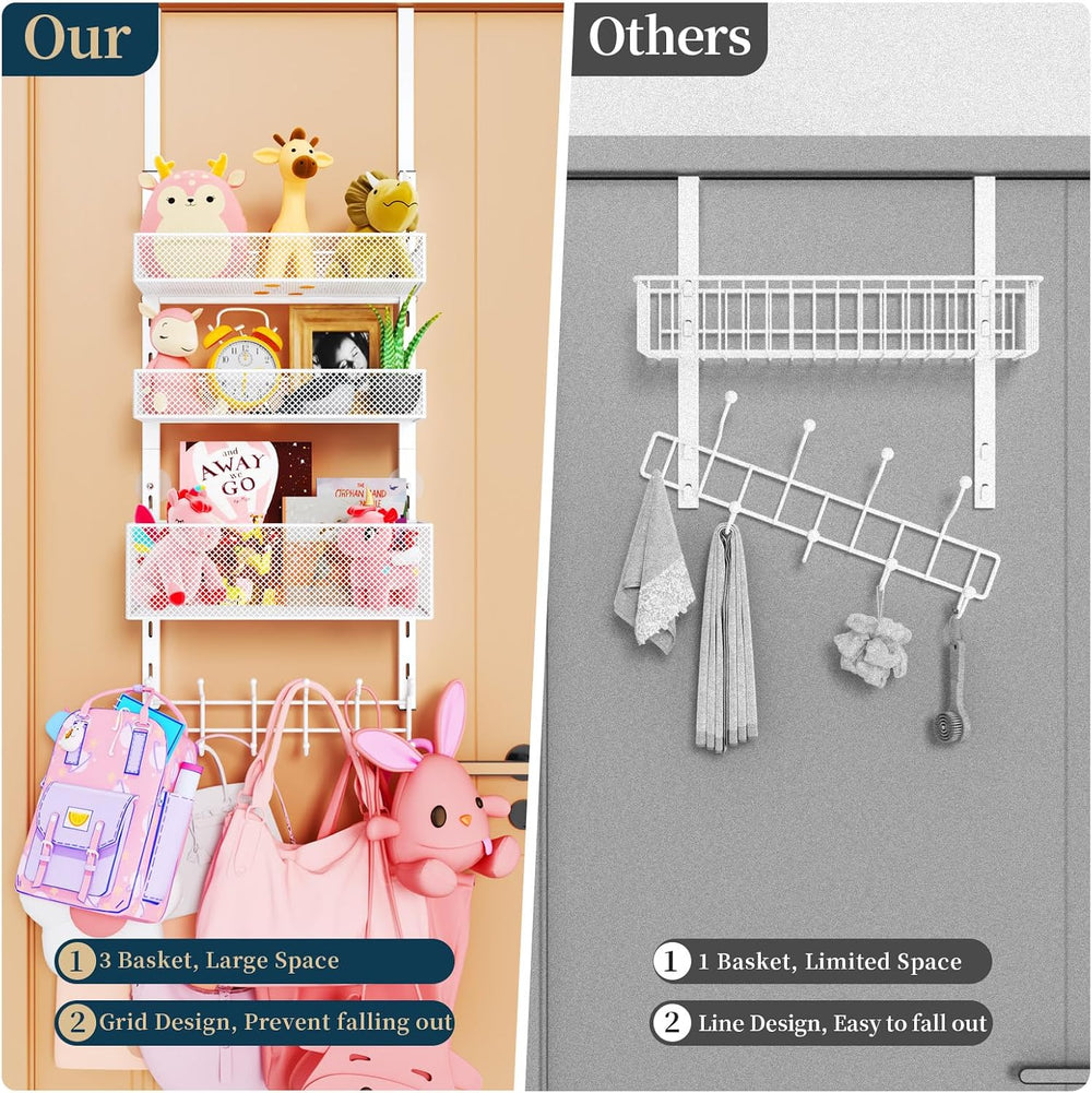 Consumest Over The Door Hooks Organizer - 4 Tier Door Coat Rack with 3 Basket...