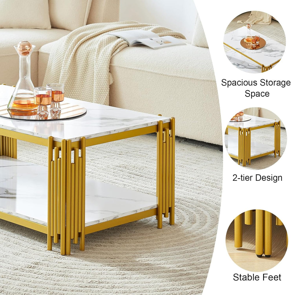 3 Pieces Living Room Table Set, White Faux Marble Coffee Table Set of 3, Mode...