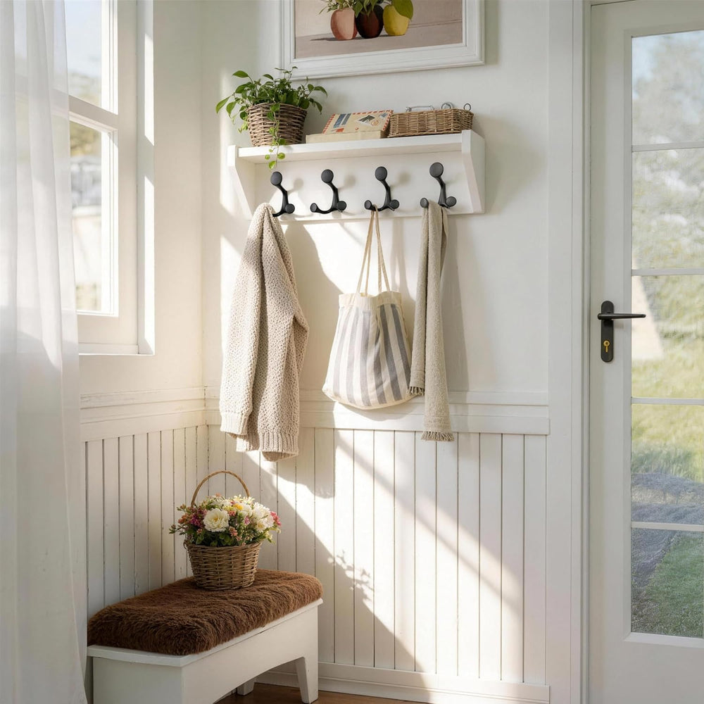 SKOLOO Wall Shelf with Hooks, 24-Inch White Coat Rack Wall Mount with Shelf O...