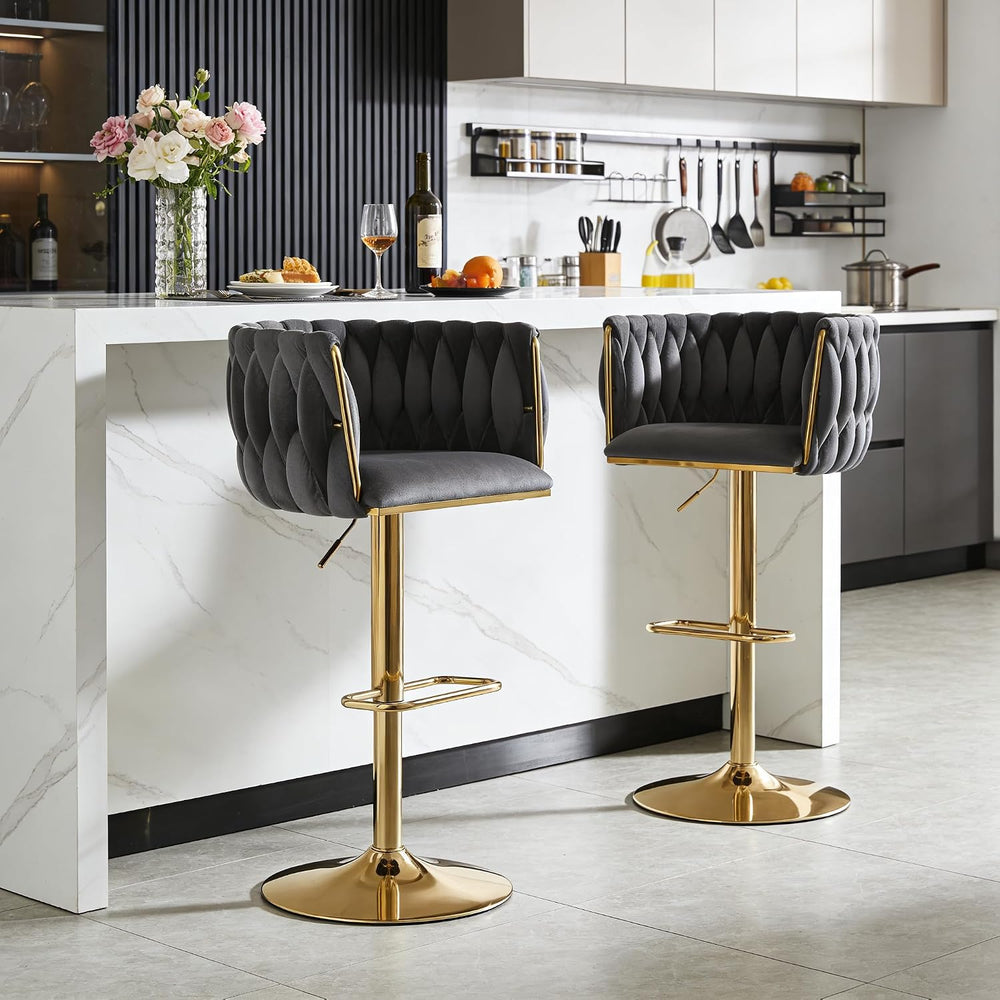 Velvet Swivel Bar Stools Set of 2, Counter Height Bar Stool with Woven Back, ...
