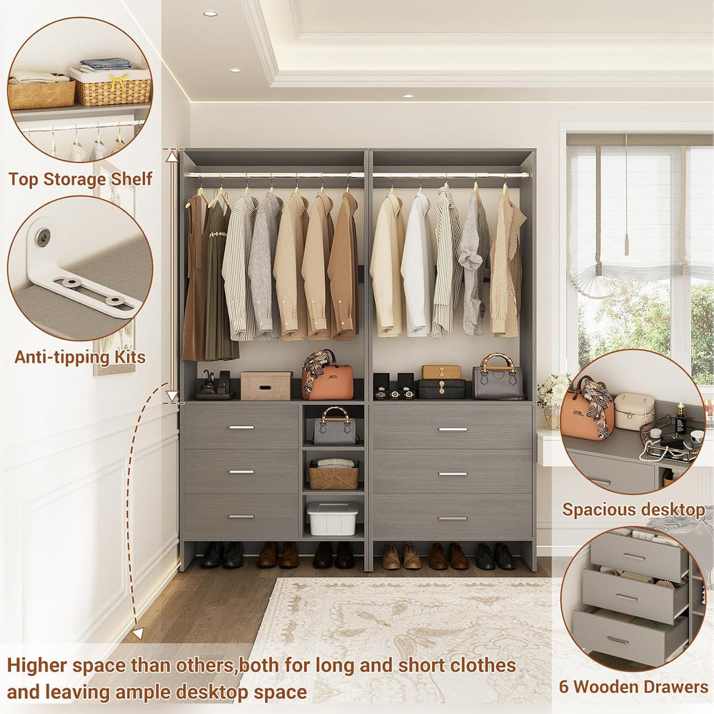Aheaplus Closet System with 6 Drawers, 4.3ft, Set of 2, Set of 2 Grey