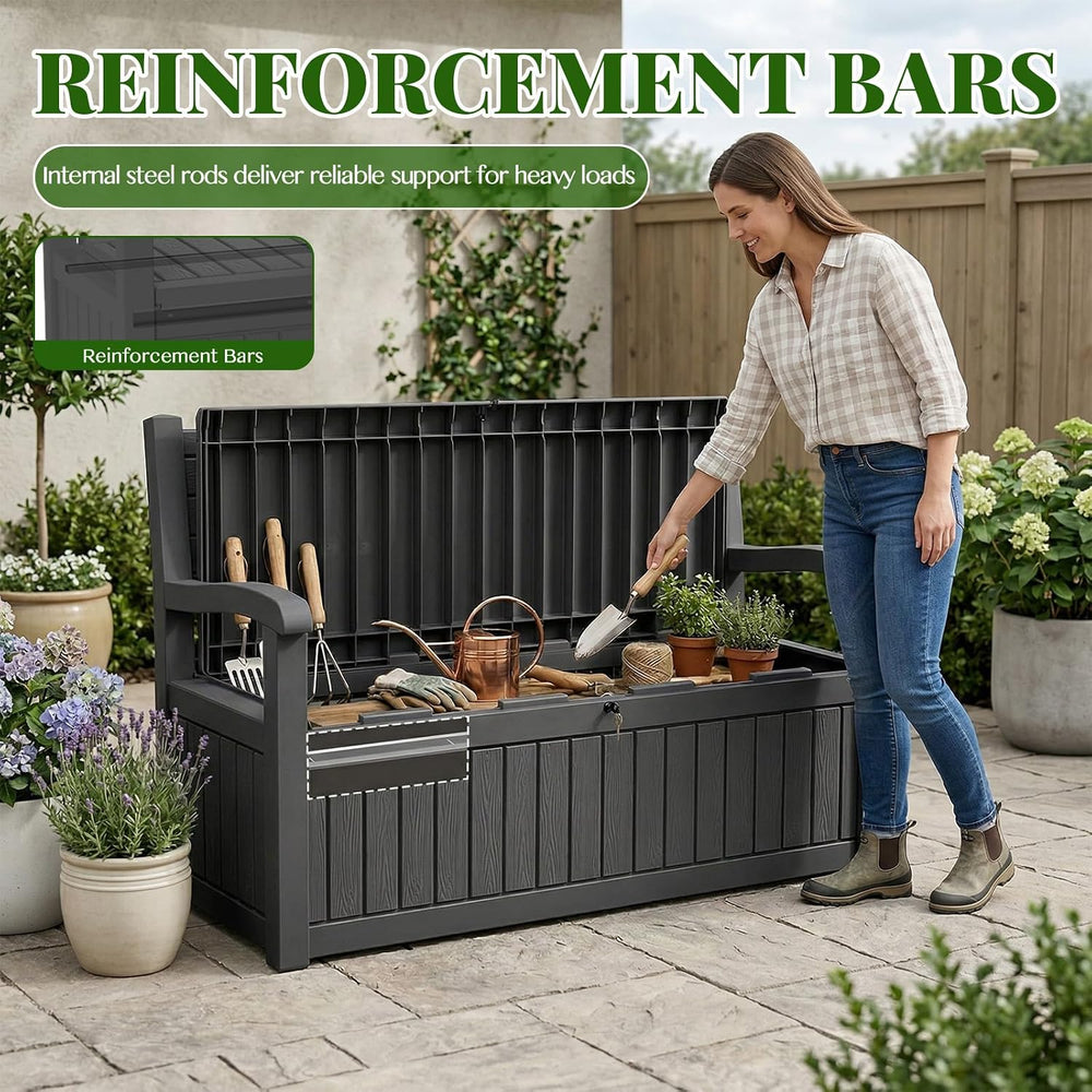 120 Gallon Outdoor Storage Bench, Lockable Patio Storage Bench, Black
