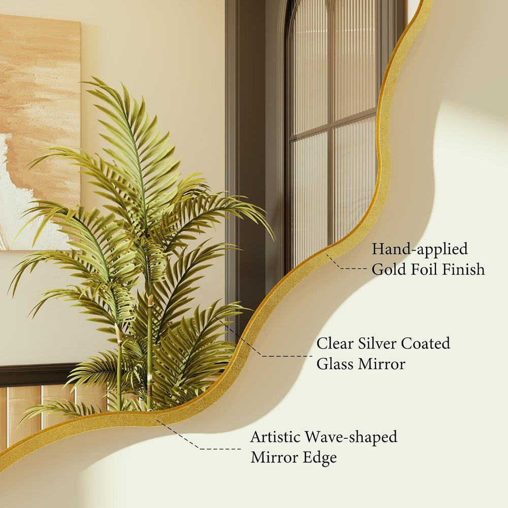 Kelly Miller 28" Gold Round Scalloped Mirror, Wavy Edge Decorative Mirror