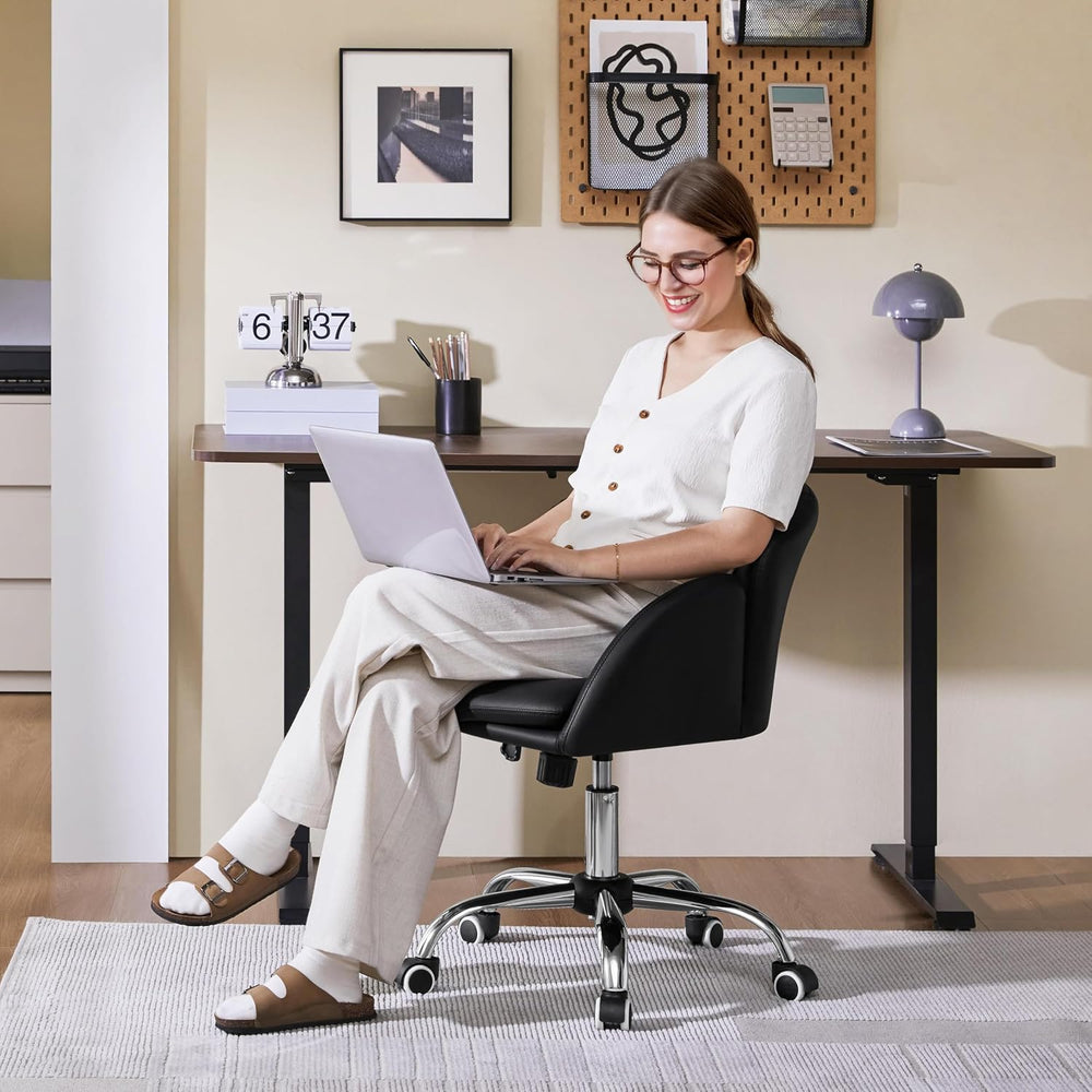 Yaheetech Black Petal Faux Leather Makeup Vanity Desk Chair, Swivel Wheels