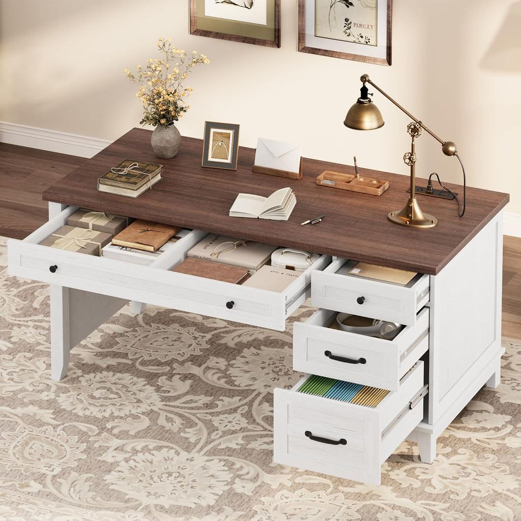 Garvee 53.5" Wooden Home Office Desk with File Drawers, Executive Desk with Power Outlet, Farmhouse Wood Desk with Storage, Distressed Study and Work Table, Rustic White