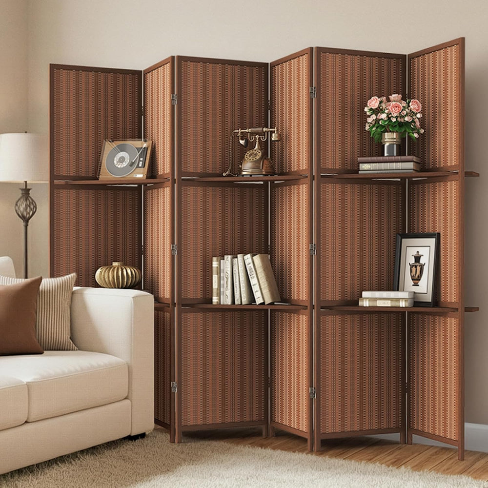 JOSTYLE Bamboo Room Divider with Shelves, 6-Panel Privacy Screen,67"H 96...