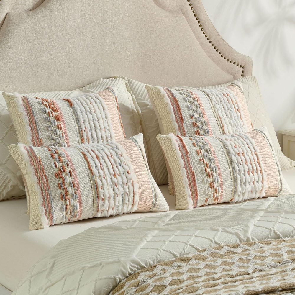 FUTEI 2 Pack Tufted Throw Pillow Covers Covers 18x18 Inch,Grey Blue+Coral