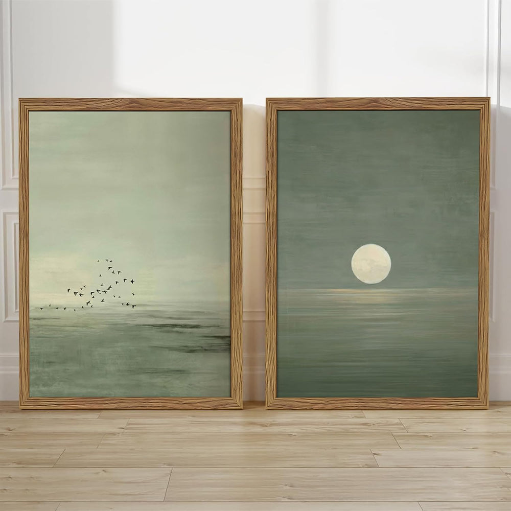 Framed Japanese Zen Wall Art Set of 2, Minimalist Sage Green Flying Duck Canv...