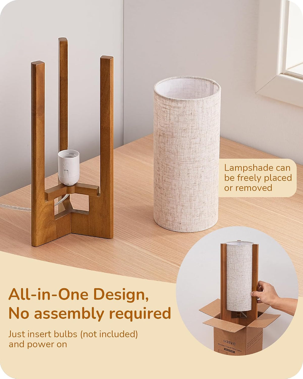 EDISHINE 13.5" Table Lamp, Rose Wood Cylinder Bedside Lamp, E26 Base, 2Pack