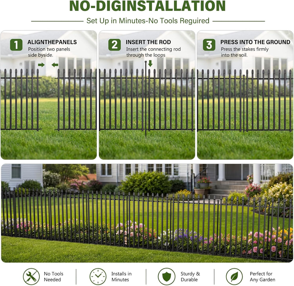 No Dig Decorative Garden Fence, 24in(H)×22ft(L), 10 Panels