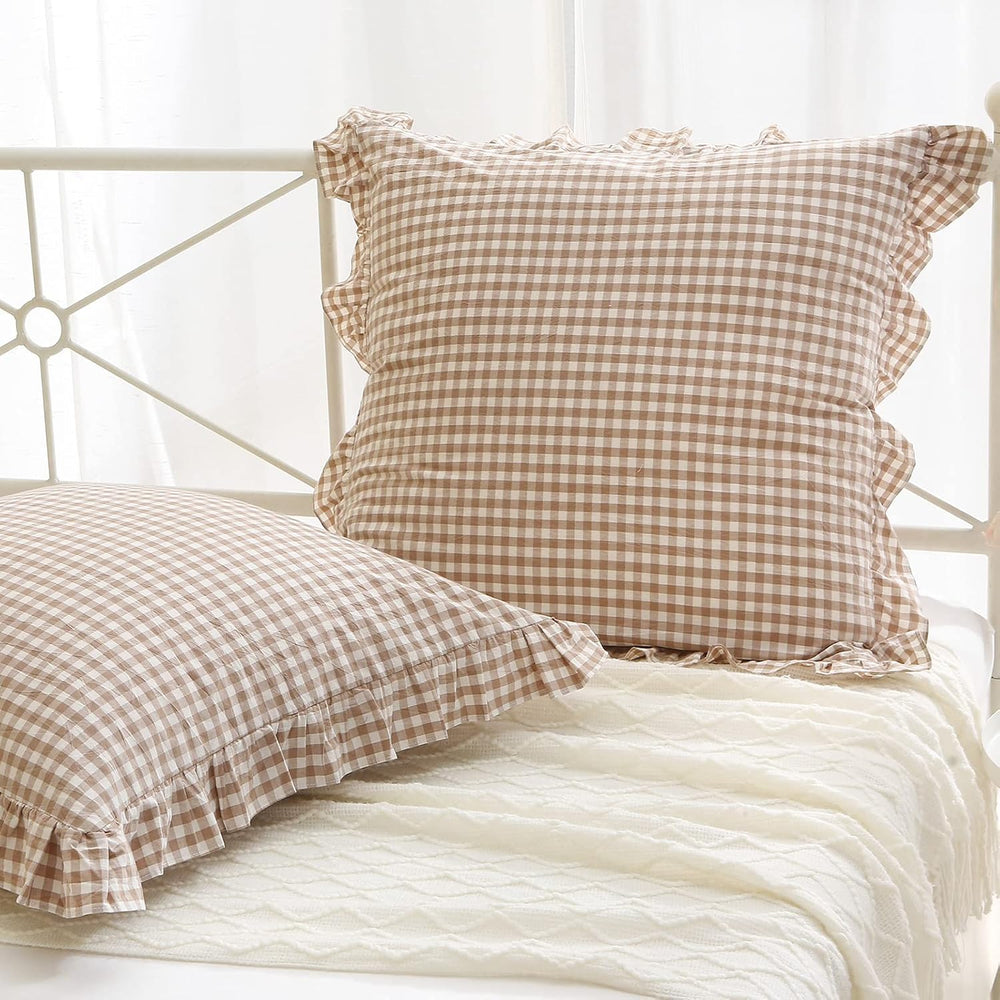 2 Pack Taupe White Gingham Ruffle Euro Pillow Shams 26''x26''