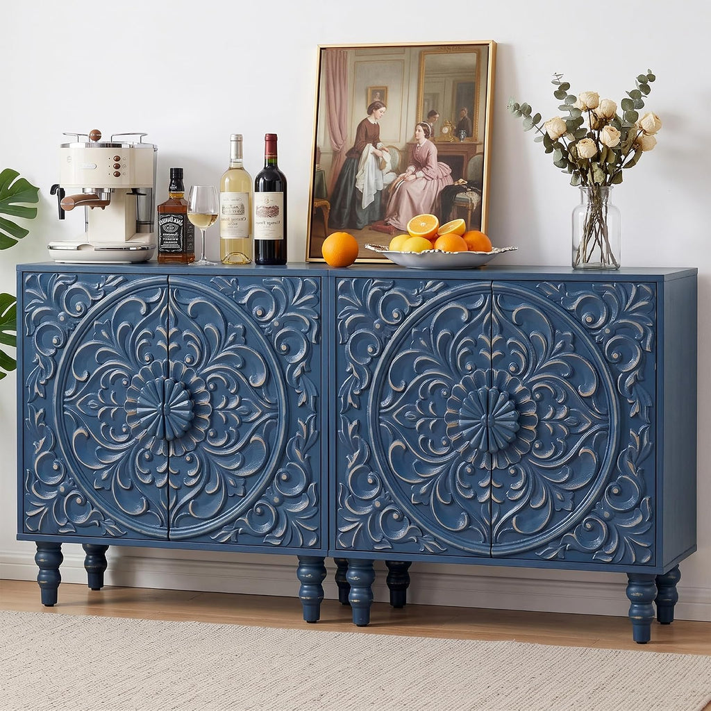 Blue Distressed Carved Accent Cabinet,2 Door Storage Sideboard for Entryway