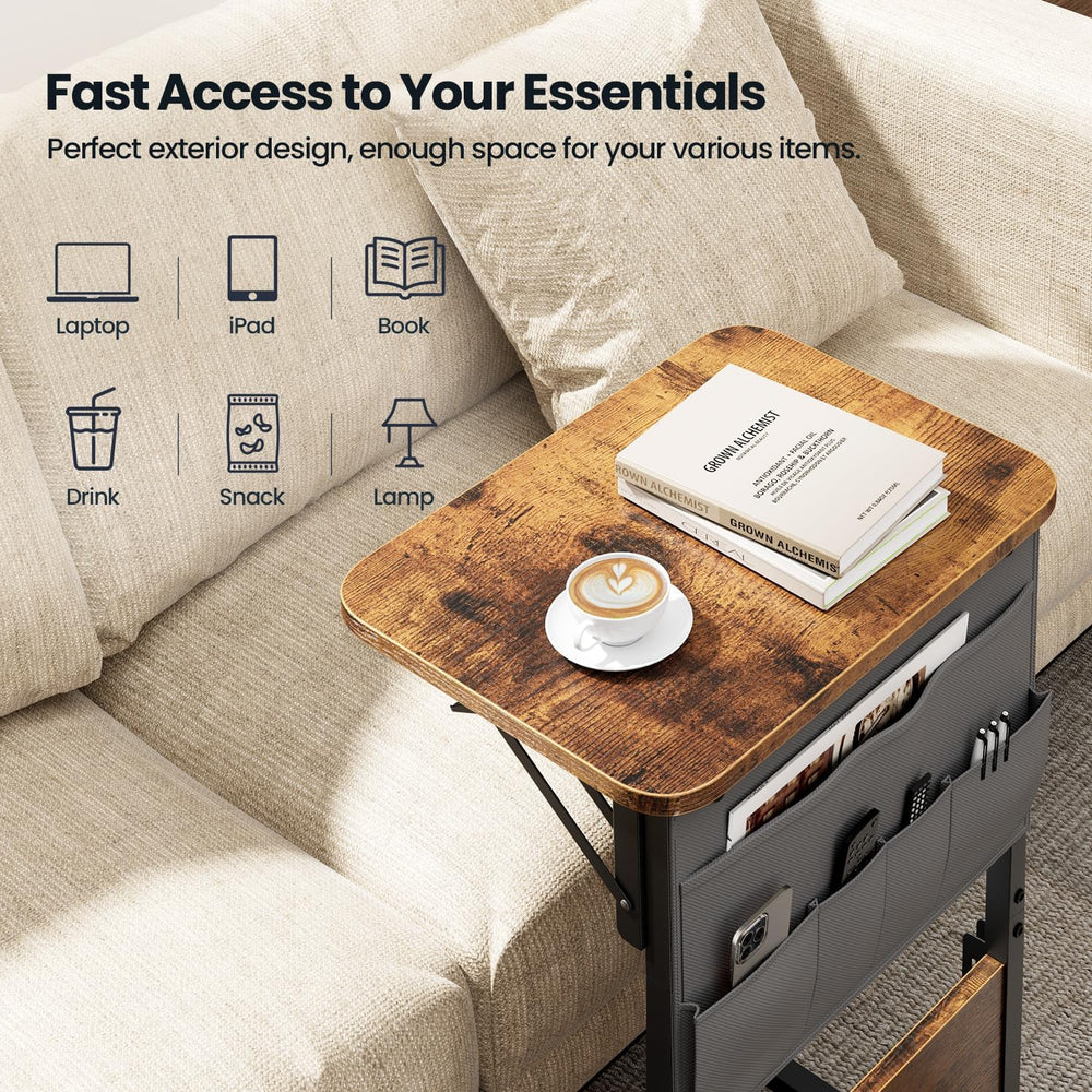 HLDIRECT C Shaped End Table with Charging Station & Storage Bag Brown