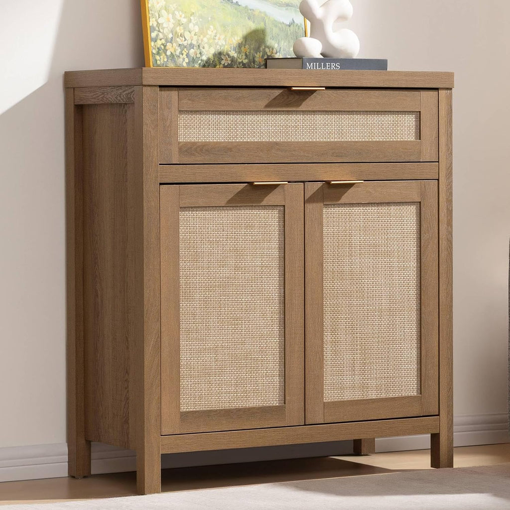 SICOTAS Buffet Cabinet Sideboard with Storage, Rattan Accent Cabinet
