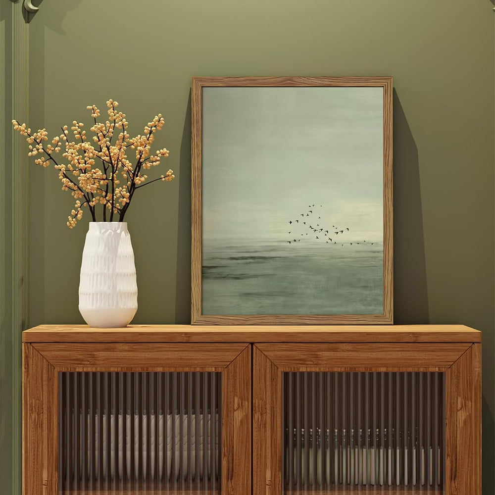 Framed Japanese Zen Wall Art Set of 2, Minimalist Sage Green Flying Duck Canv...