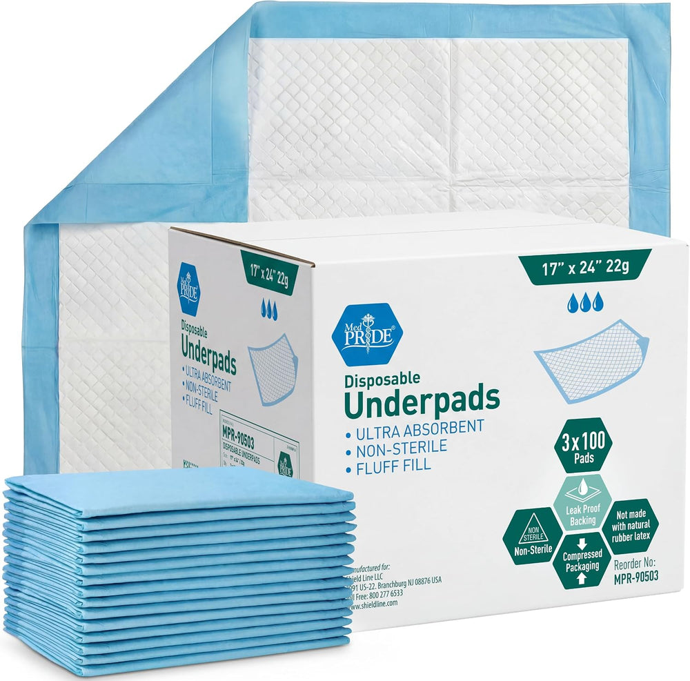 MED PRIDE Disposable Underpads 17x24 in,Super Absorbent,Incontinence,300 Ct