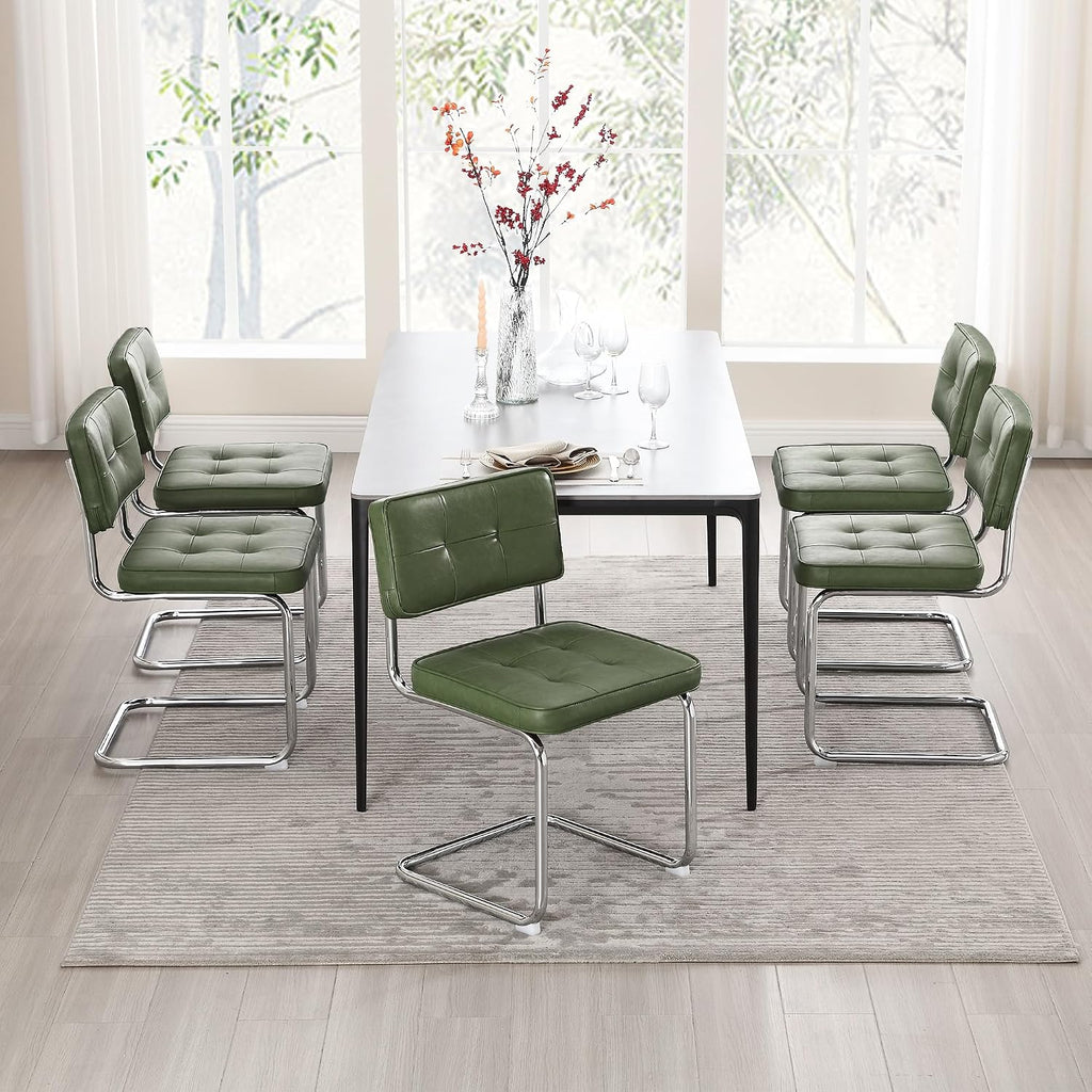 Zesthouse Faux Leather Dining Chairs Set of 4, Industrial Metal Chairs with Stainless Chrome Legs, Mid Century Modern Cesca Chair for Kitchen & Dining Living Room, Upholstered Armless Chair, Green