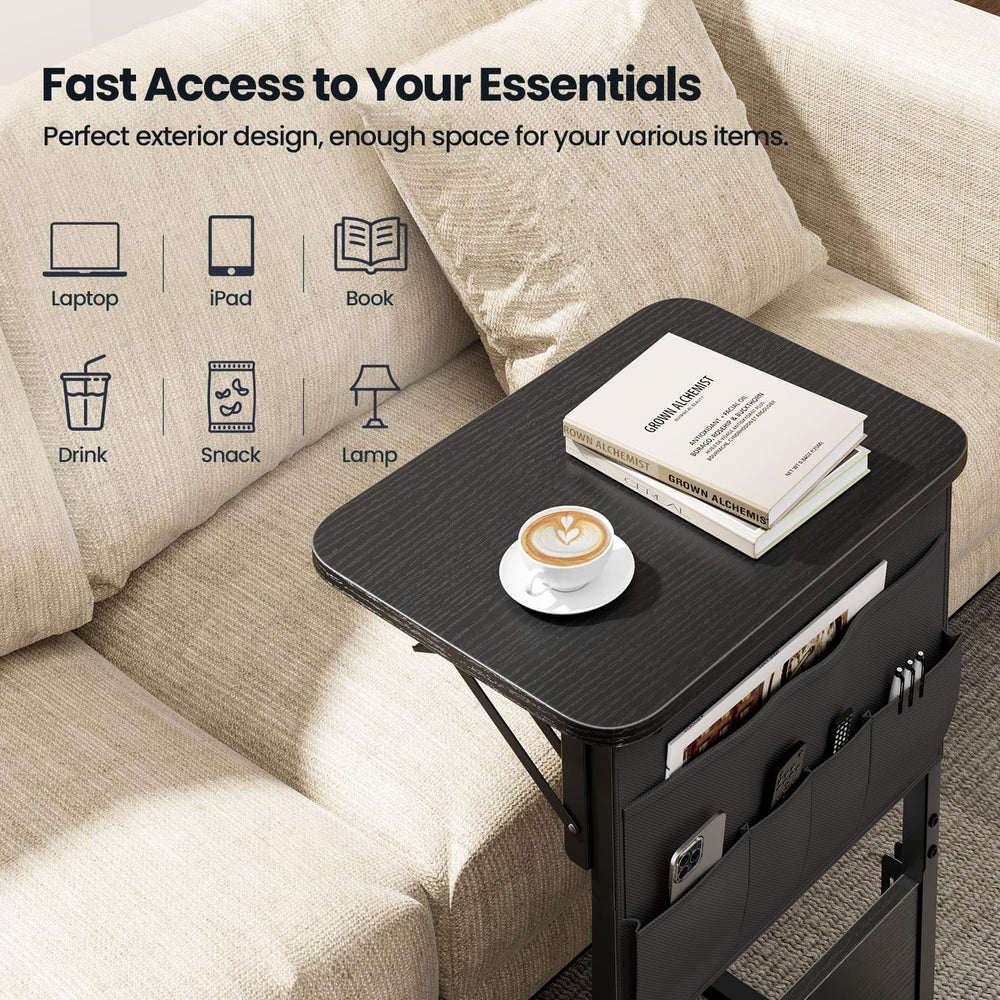 HLDIRECT C Shaped End Table with Charging Station & Storage Bag Black