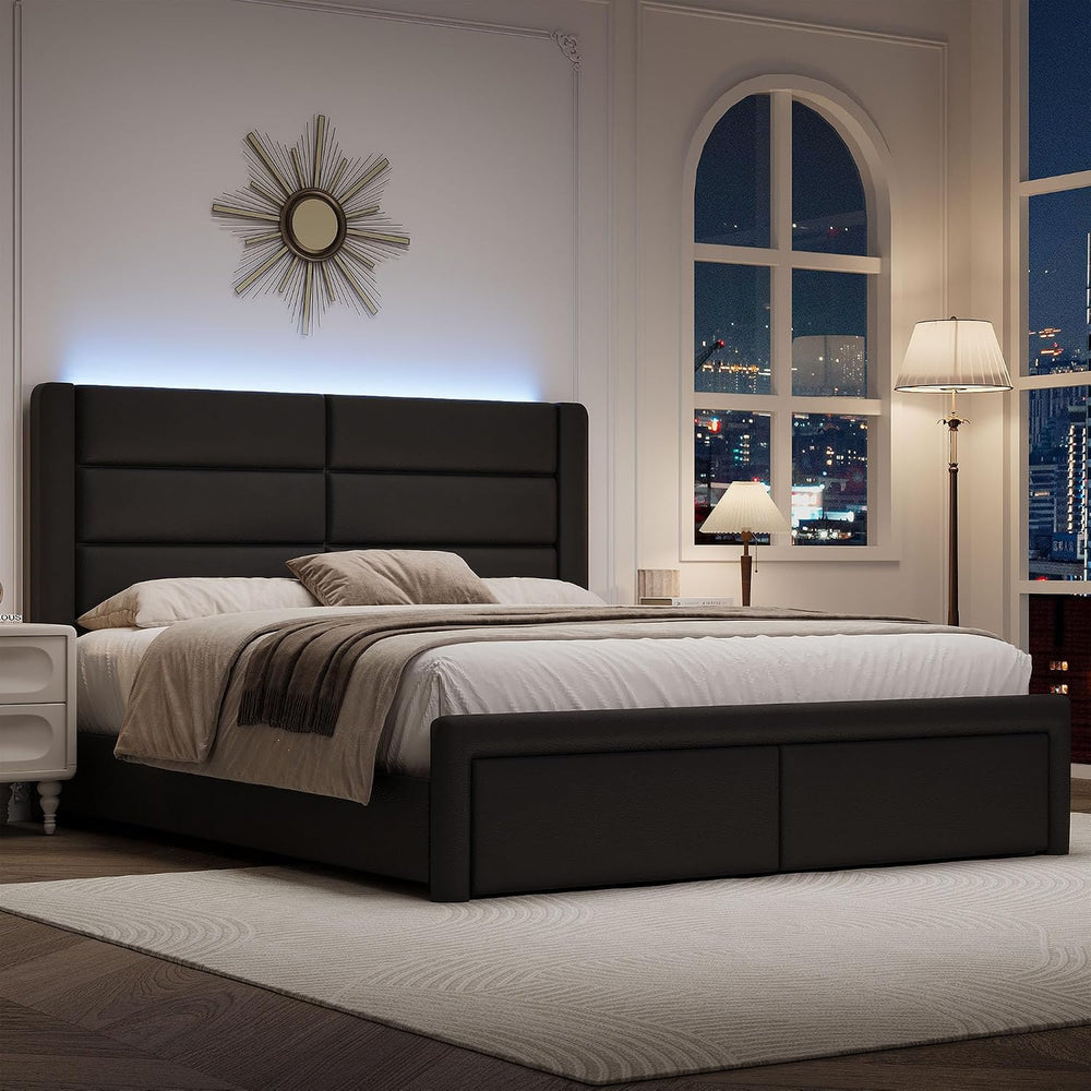 Queen Upholstered Bed Frame with Headboard and LED Lights, Modern Faux Leathe...