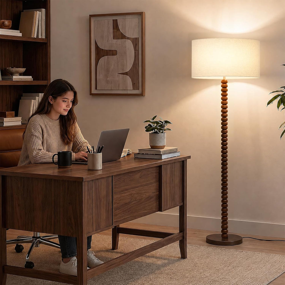 62" Farmhouse Stackable Ball Walnut Wood Floor Lamp with Linen Shade, Cream