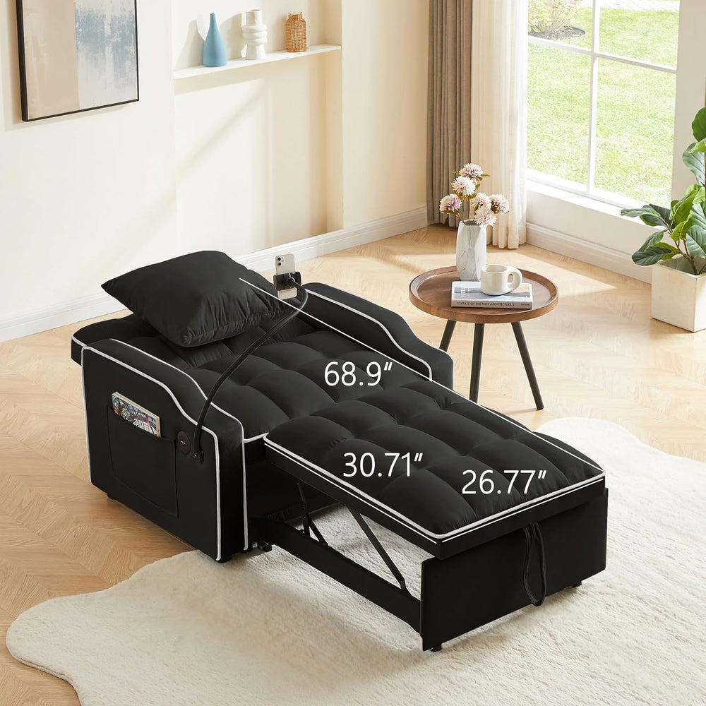 Single Sleeper Chair with USB Port, 3 In1 Pull Out Sofa Bed, Black