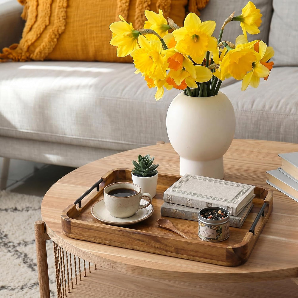 ZUJJAFY Serving Tray with Metal Handles, 17 x 13 in Acacia Wood Tray for Serv...