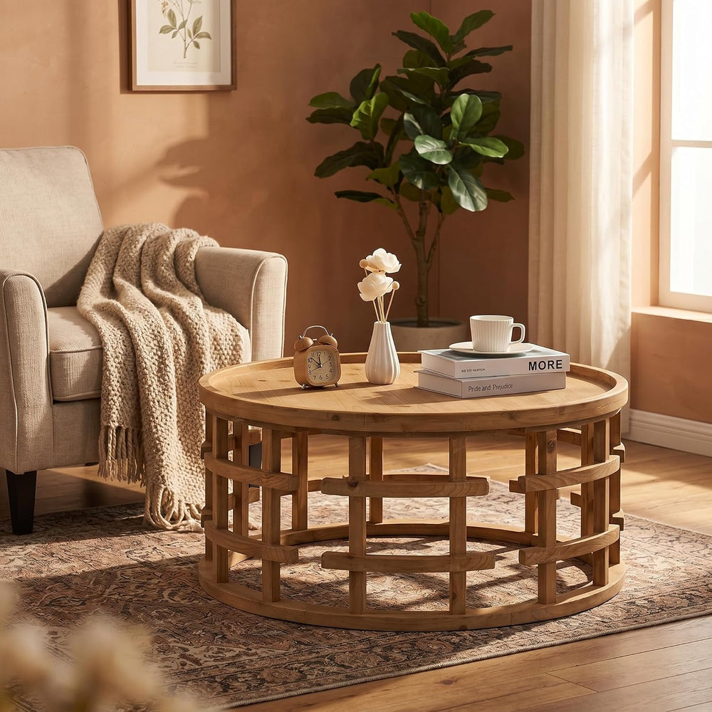 RUSTOWN Farmhouse Round Coffee Table, Boho Handcrafted Wooden Tables