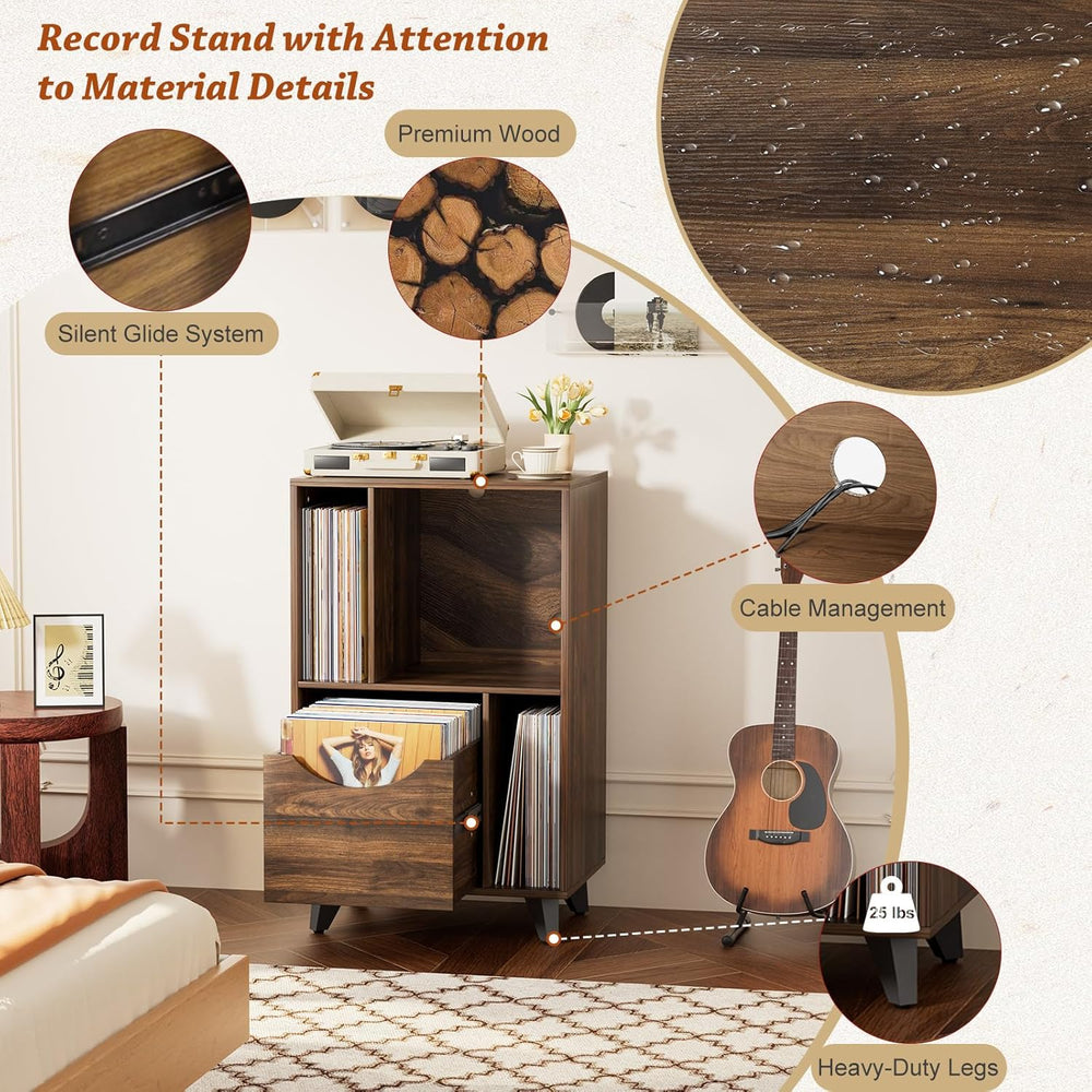 Bikoney Record Player Stand with Vinyl Storage, Mid Century Walnut