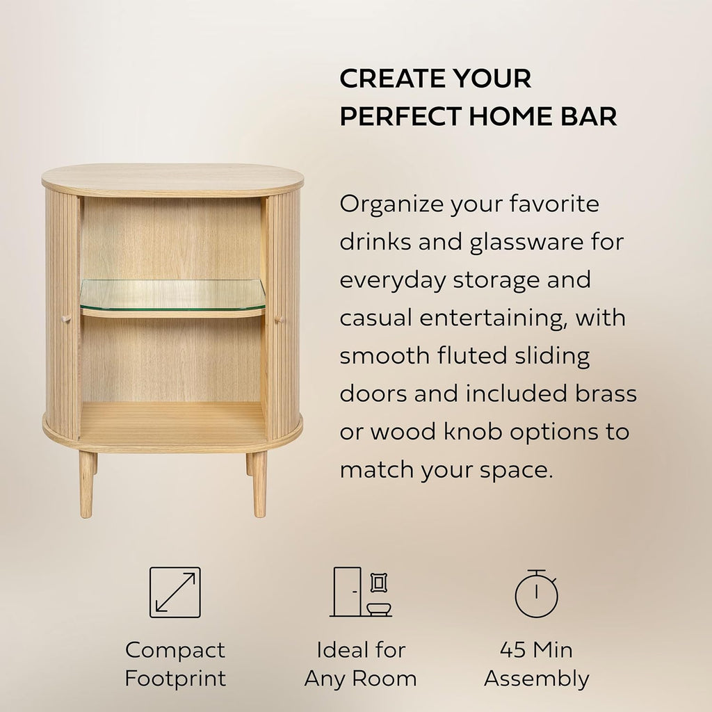 WERMO 28'' Fluted Bar Cabinet with Sliding Doors, Hidden Storage and Adjustable Shelf - Modern Liquor Cabinet and Narrow Wine Bar, Small Coffee Station, 28 Inch Wide Fluted Sideboard Buffet (Oak)