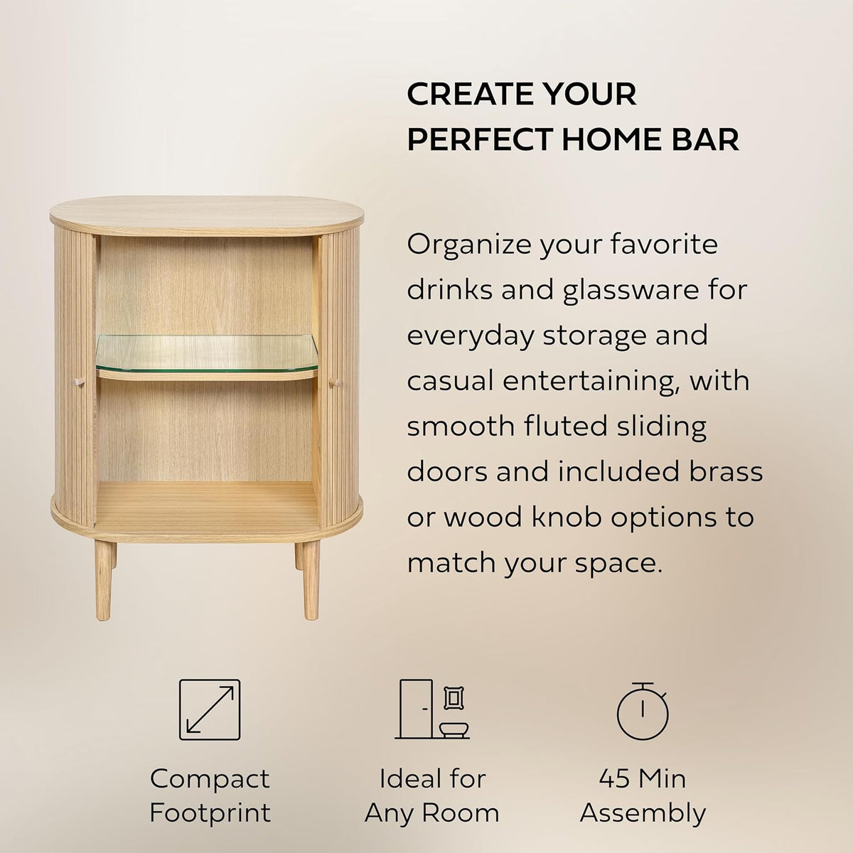 WERMO 28'' Fluted Bar Cabinet with Sliding Doors, Hidden Storage and Adjustable Shelf - Modern Liquor Cabinet and Narrow Wine Bar, Small Coffee Station, 28 Inch Wide Fluted Sideboard Buffet (Oak)