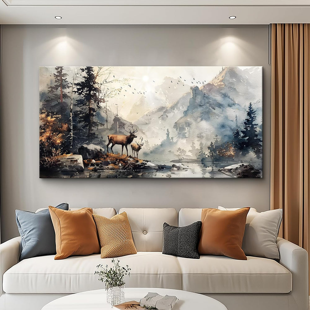 FUHAIHUA Canvas Wall Art for Living Room, Mountain Forest Deer Landscape 20x4...
