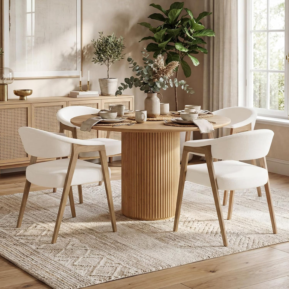 Dining Chairs with Arms Set of 4, Barrel Back, Solid Wood Legs/Linen Beige