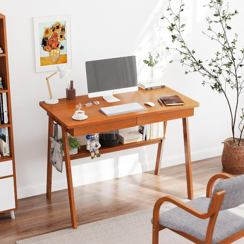 Solid Wood Desk with Drawers - 39.4 Inch Mid Century Modern Desks with Storag...
