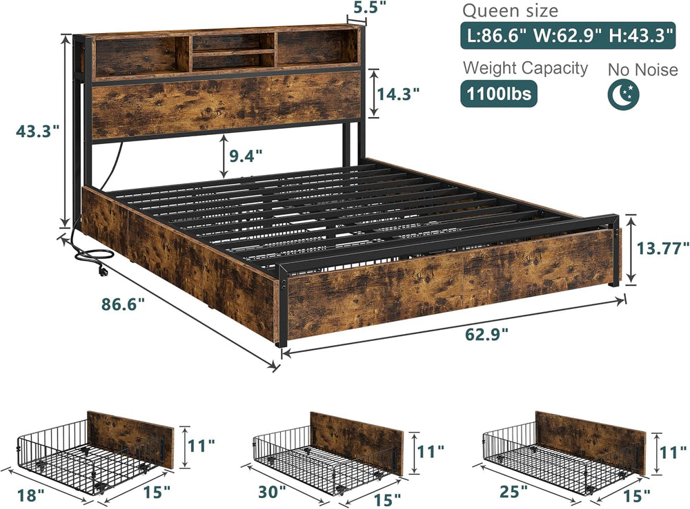 EnHomee Queen Bed Frame with 6 Storage Drawers, Charge Station,Noise-Free