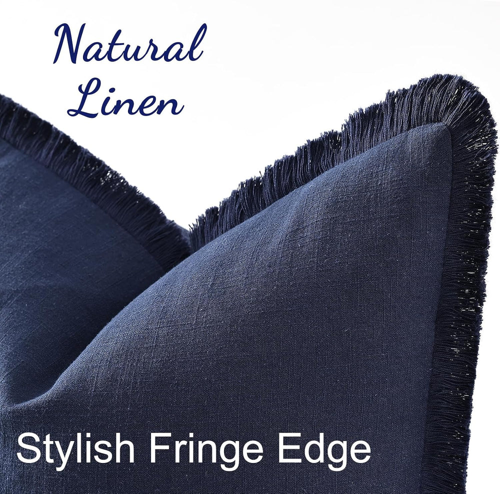 decorUhome Linen Fringe Navy Blue Throw Pillow Covers 20x20 Set of 2