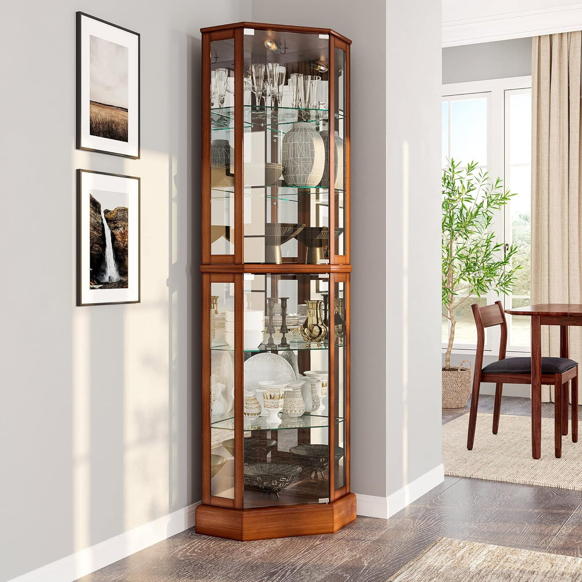 BELLEZE Lighted Curio Cabinet Corner Display Case for Living Room, China Hutch with Tempered Glass Doors and Shelves, Wooden Accent Cabinet, Bar and Liquor Storage Area - Ashfield (Oak)