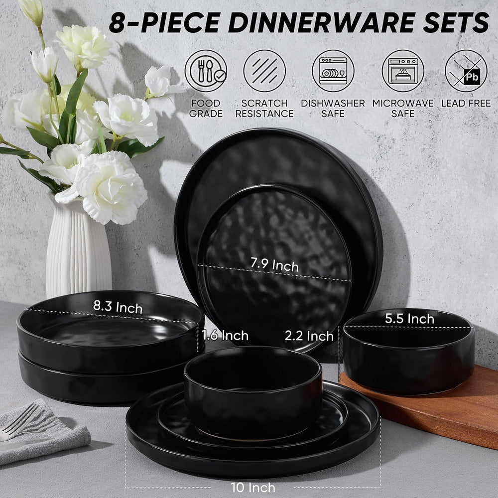 E-far Black Plates and Bowls Sets, 8-Piece Stoneware Dinnerware Set for 2