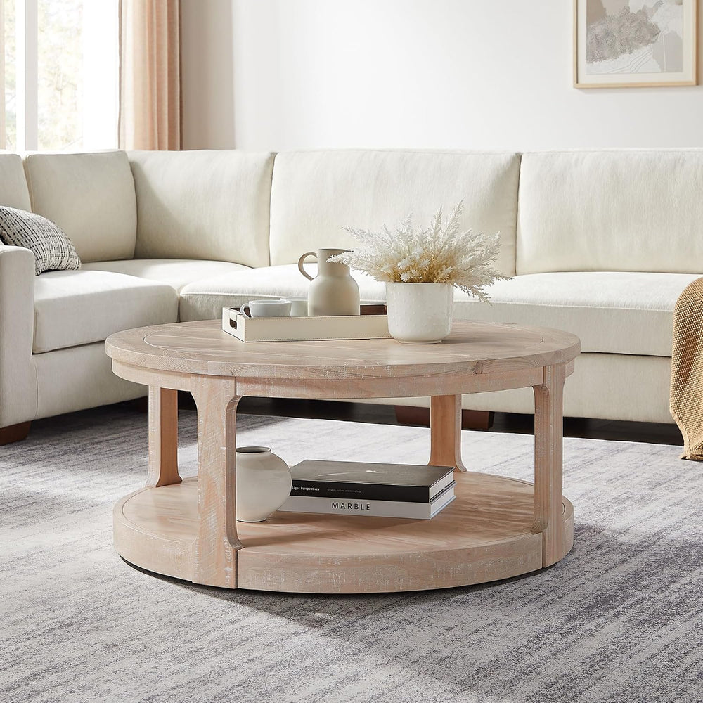 WILLIAMSPACE 40" Round Coffee Table with Wheels, Circle 2 Tier Solid Woo...