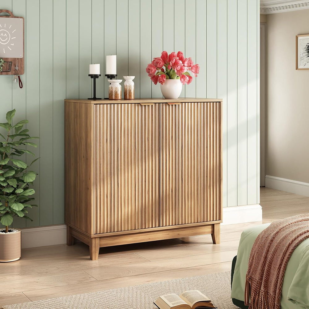 Fluted Accent Cabinet with Doors and Shelves Modern Wood Storage Cabinet for ...