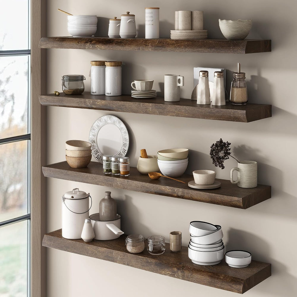 Solid Wood Floating Shelves 24 Inch, Live Edge, Heavy-Duty, Walnut, 2pcs