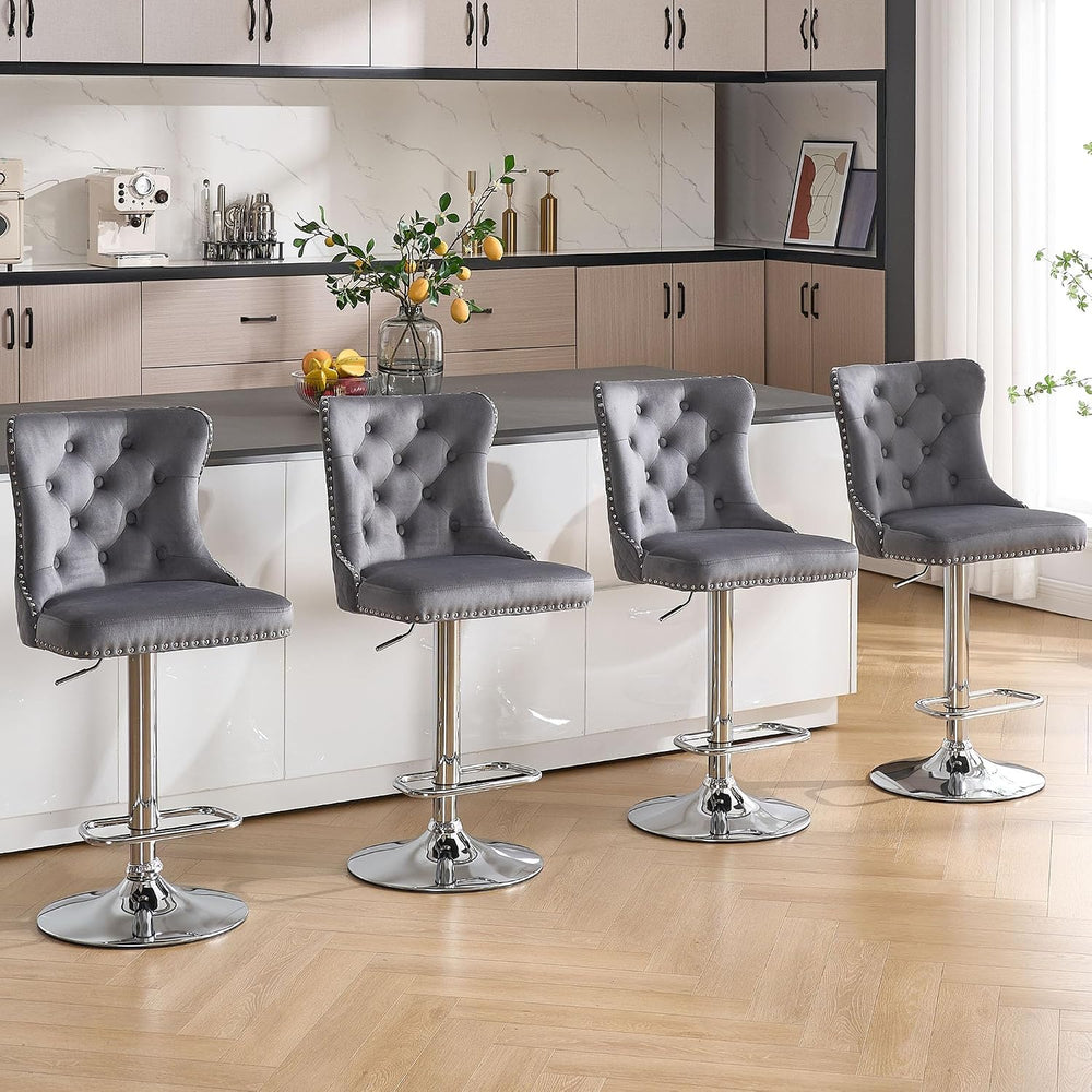 Velvet Bar Stools Set of 4,Modern Swivel Bar Height Stools with Lion Pull Rin...