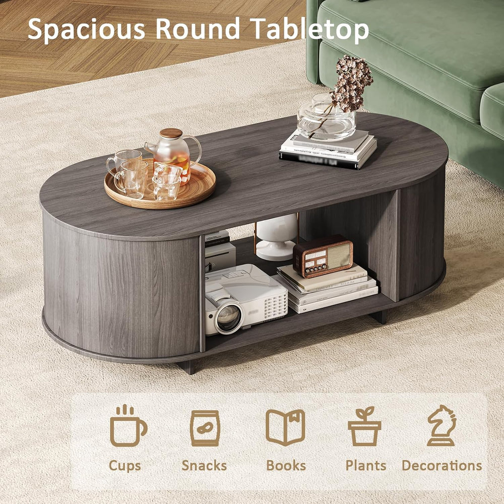 Modern Oval Coffee Table with Storage for Living Room, Grey