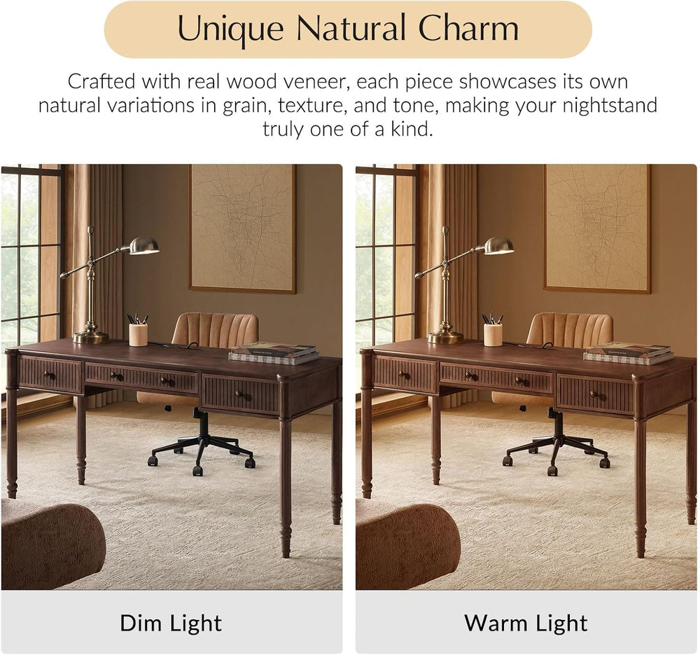 HULALA HOME 60 Inches Fluted Writing Desk with Charging Station, Walnut