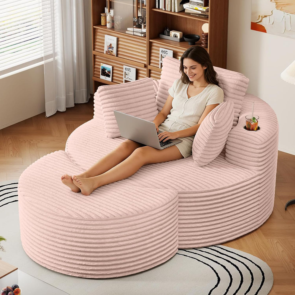 Oversized Round Chaise Longue Chair with Ottoman, Modern Corduroy Deep Seat C...